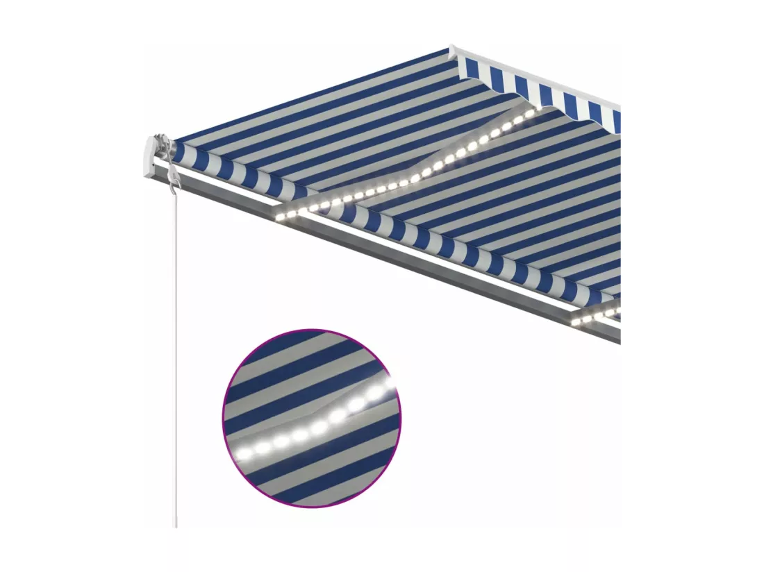 Auvent manuel rétractable avec LED 4,5x3,5 m Bleu et blanc