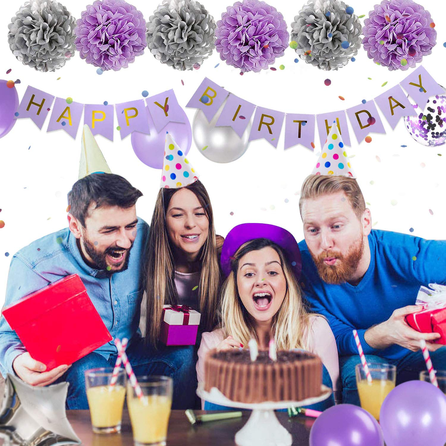 (31-tlg. Set) Happy Birthday Girlande Geburtstags Party Deko   Latex- und Folienballons / Pompon's - Lila
