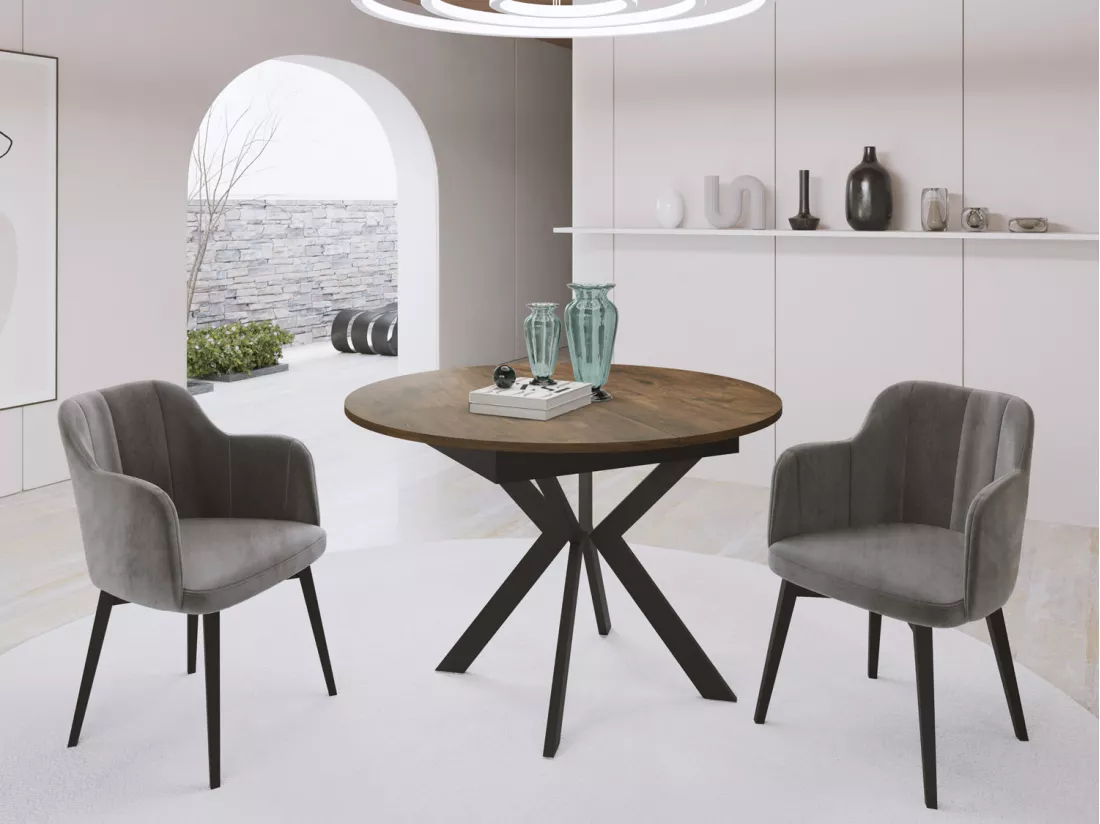 Table à Manger Extensible Ronde Avec Pieds En Métal Noir - Rangement Des Extensions à L'intérieur - Table Ronde Style Industriel Pour Salon Séjour - Gain De Place -