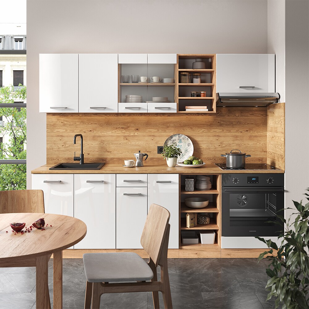 Vicco Küchenzeile Küchenblock Einbauküche R-Line 240 cm Eiche Weiß Hochglanz