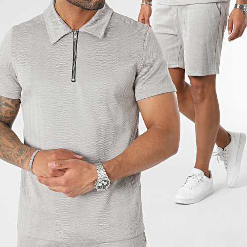 Ensemble Polo Manches Courtes Et Short Jogging Gris Chiné
