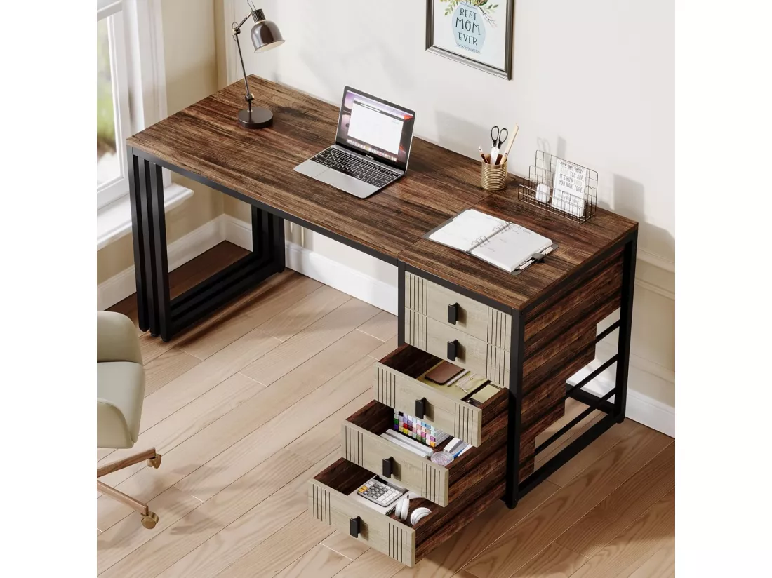 Tribesigns Bureau d'ordinateur avec 5 tiroirs, armoire réversible, en bois moderne, avec rangement, pour la maison, le bureau, la chambre à coucher, marron et chêne