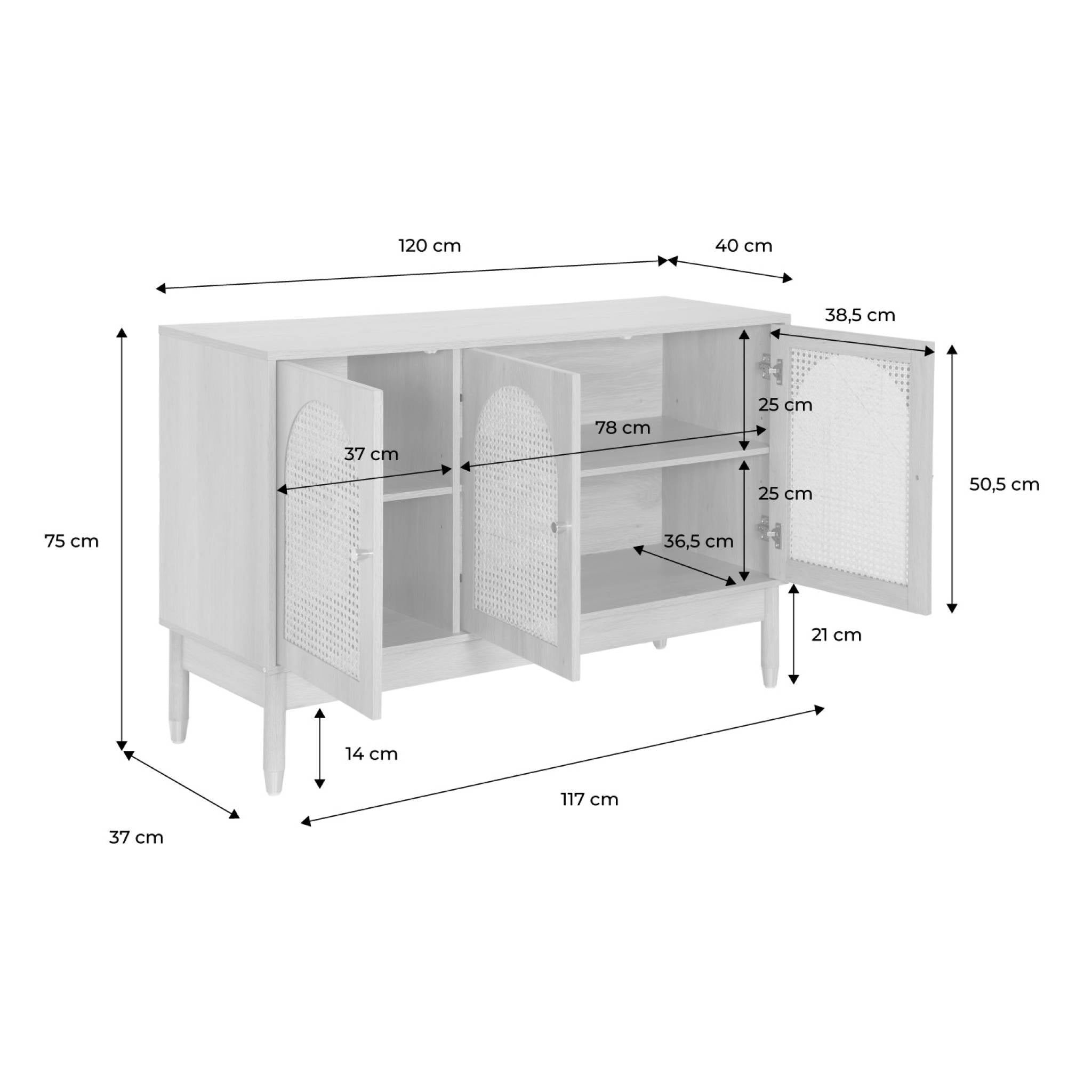 sweeek - Dressoir houteffect en vlechtwerk 3 deuren 120cm