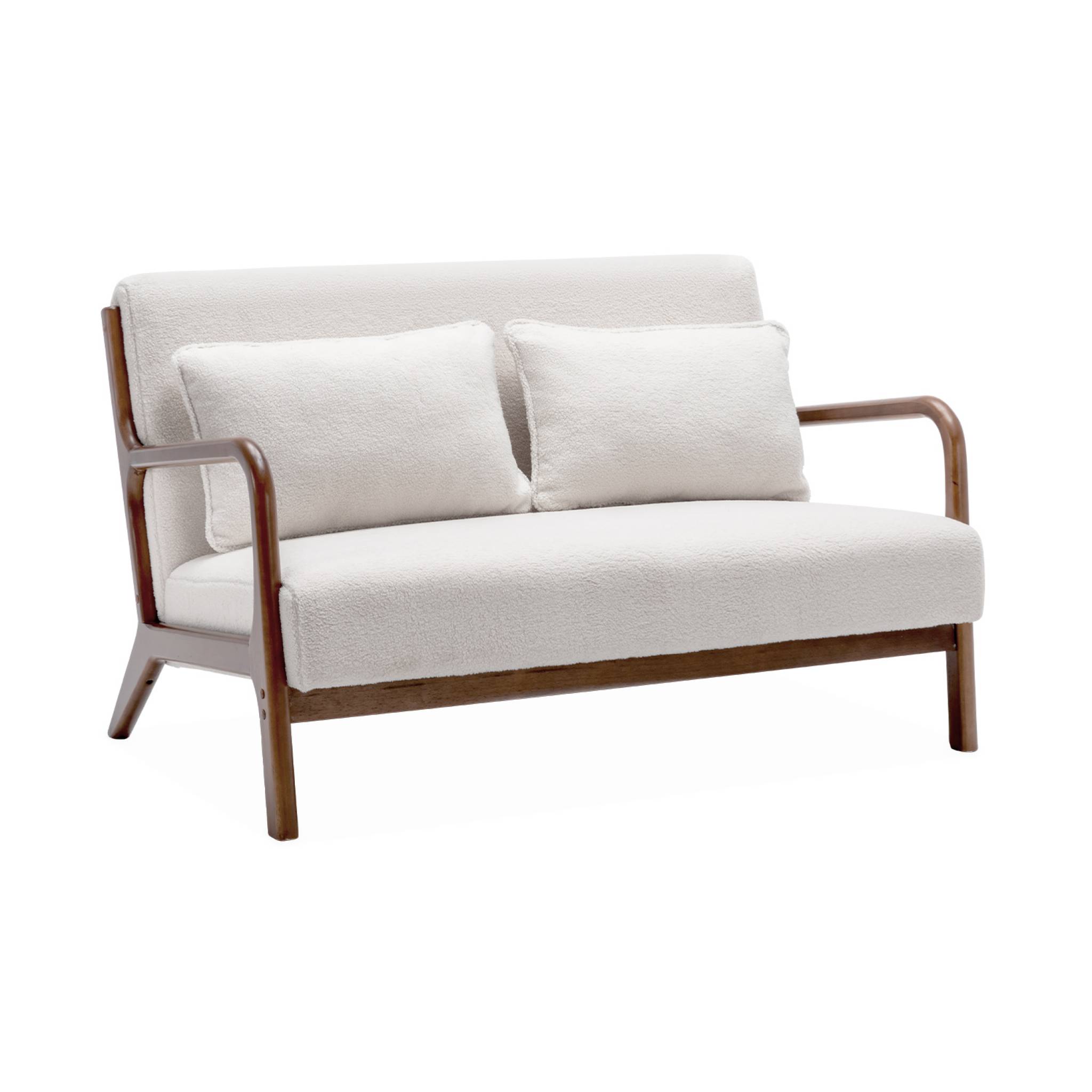 Banquette 2 places + fauteuil bouclette en bois d'hévéa teinté noyer clair