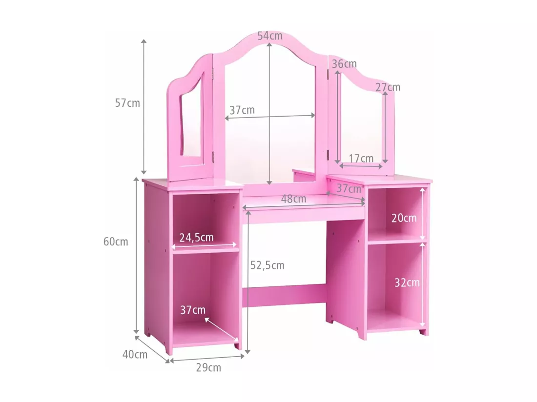 Coiffeuse pour Enfants 2 en 1 avec Miroir Amovible, Bureau Enfant avec 4 Étagères de Style Princesse pour Filles, Rose