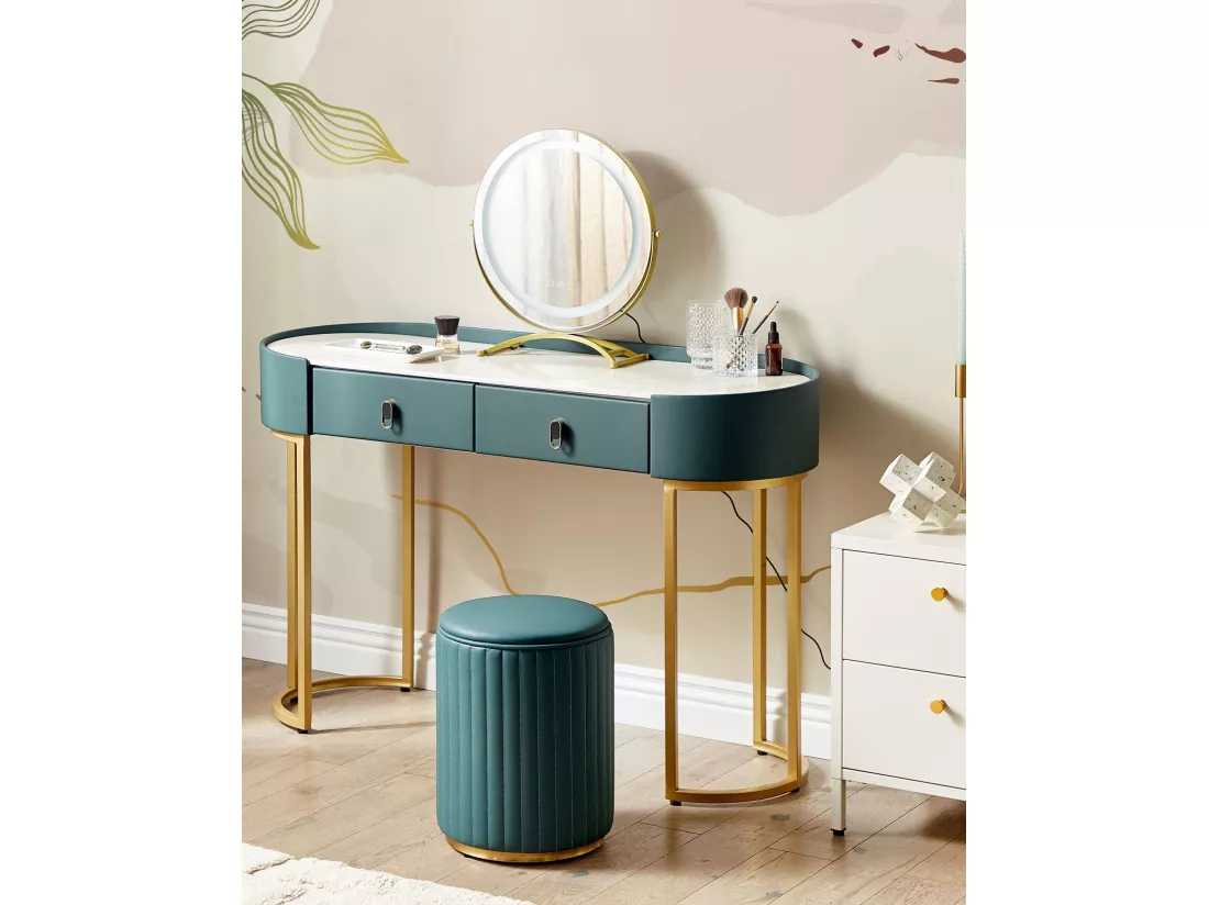 Coiffeuse avec miroir et tabouret VINAX LED Vert foncé