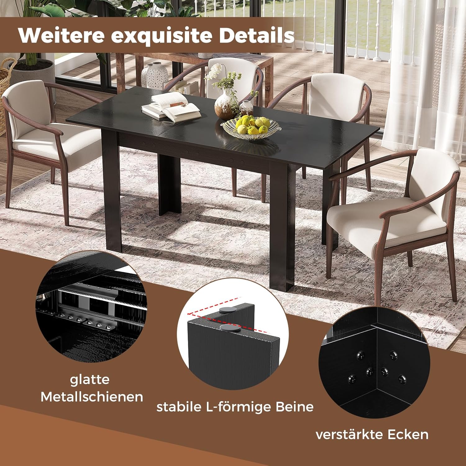 COSTWAY Esstisch ausziehbar, 120/158 x 70 cm, Küchentisch für 4-6 Personen, rechteckiger Esszimmertisch für Esszimmer, Küche, Schwarz