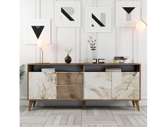 CONCEPT1 - Bahut Milan noyer marbre blanc 180 x 35 x 78cm