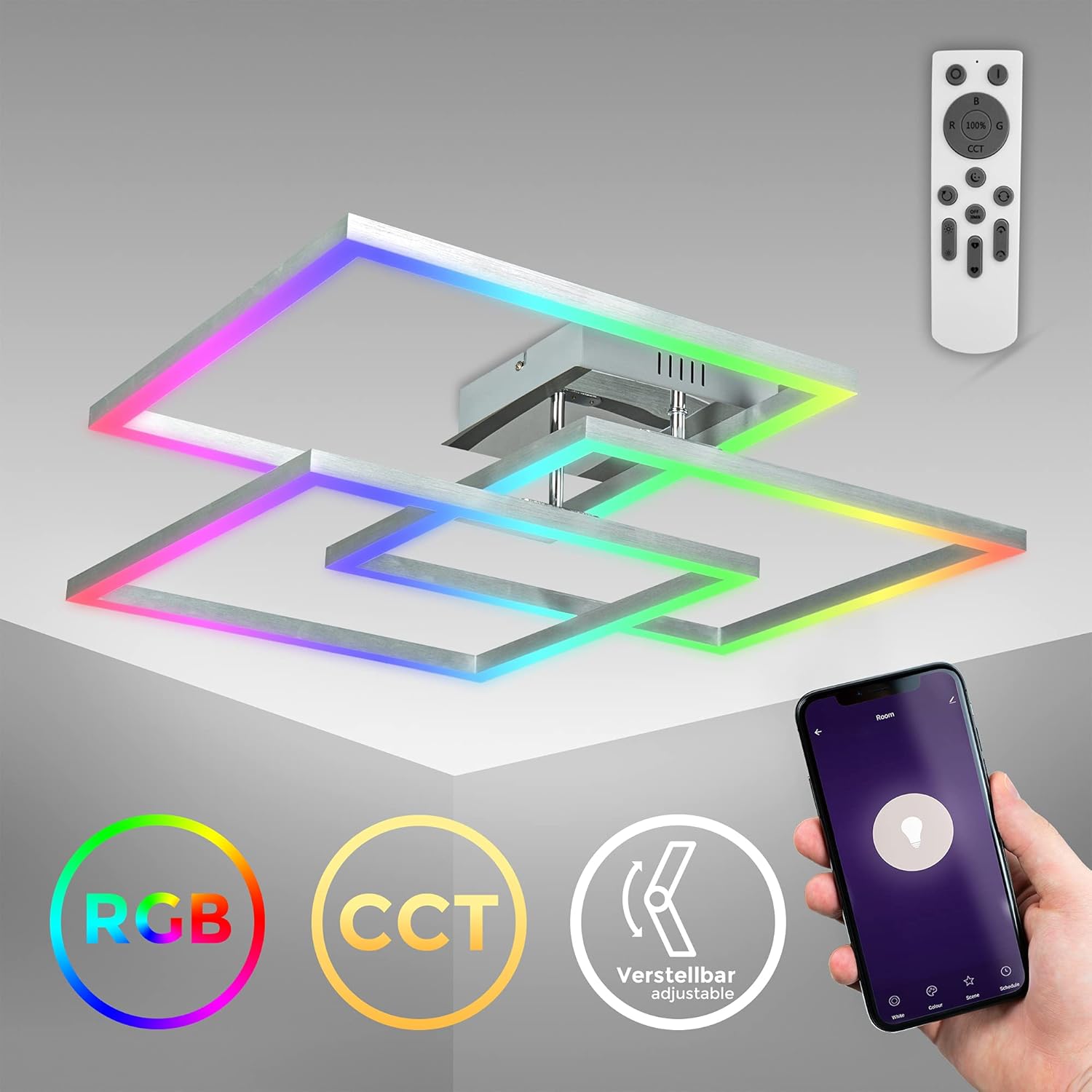 B.K.Licht - Smart Home LED Deckenlampe mit App- und Sprachsteuerung, einstellbar von warmweiß bis kaltweiß, buntes RGB Licht, Lampe, LED Deckenleuchte, Wohnzimmerlampe, 69,5x69,5x11,7 cm, Chrom-Alu