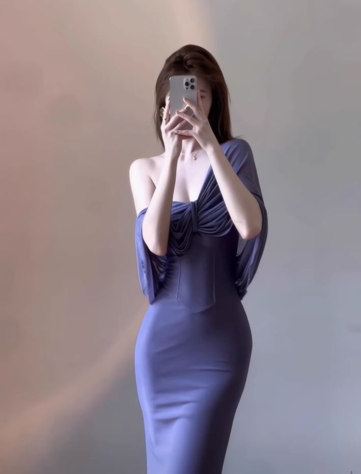 JIYON - Maxi-jurk met één schouder, effen gerimpeld en bodycon-motief