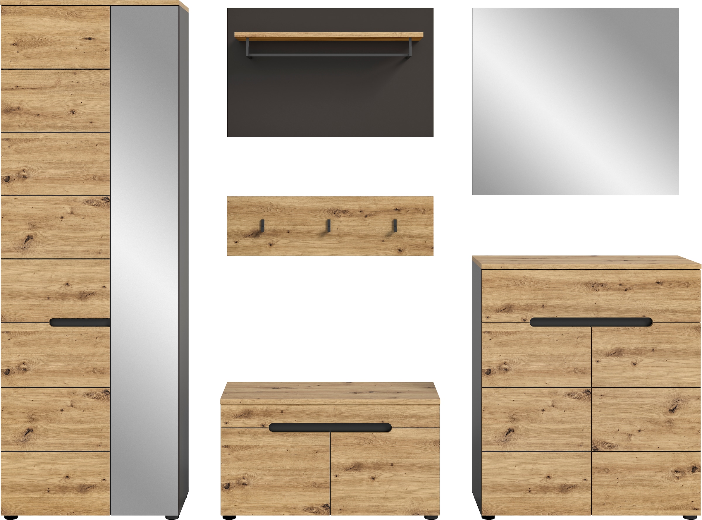 INOSIGN Garderoben-Set »Rehat, Garderobenkombination, Breite 255cm« Garderobenschrank, Sitzbank, Paneel, Hakenleiste, Spiegel, Kommode, 6 Stk. tlg.