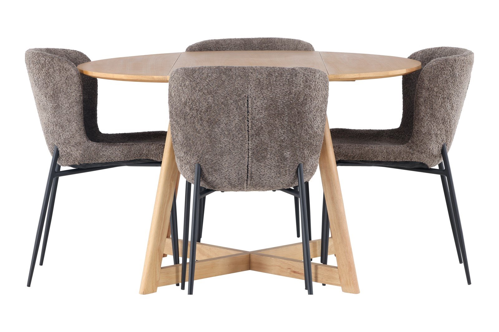 Yakidon og Modesto Spisegruppe Yakidon rundt spisebord Ø120cm i eik med 4 stk. Modesto spisestoler i Mørk Grå bouclé og sorte ben.