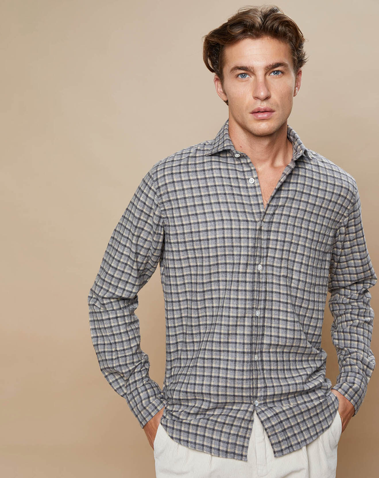 Hartford Chemise en Flanelle de Coton Regular Paul à carreaux  flanelle/gris/naturel