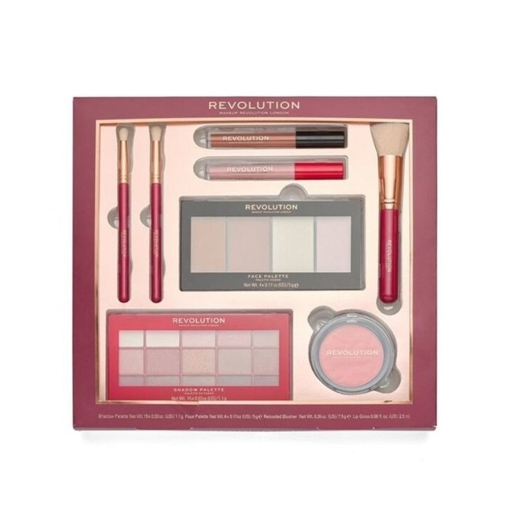 Makeup Revolution Reloaded Geschenkset: Lidschattenpalette, Gesichtspalette, Rouge, 2 Lipgloss und 3 Make-up-Pinsel