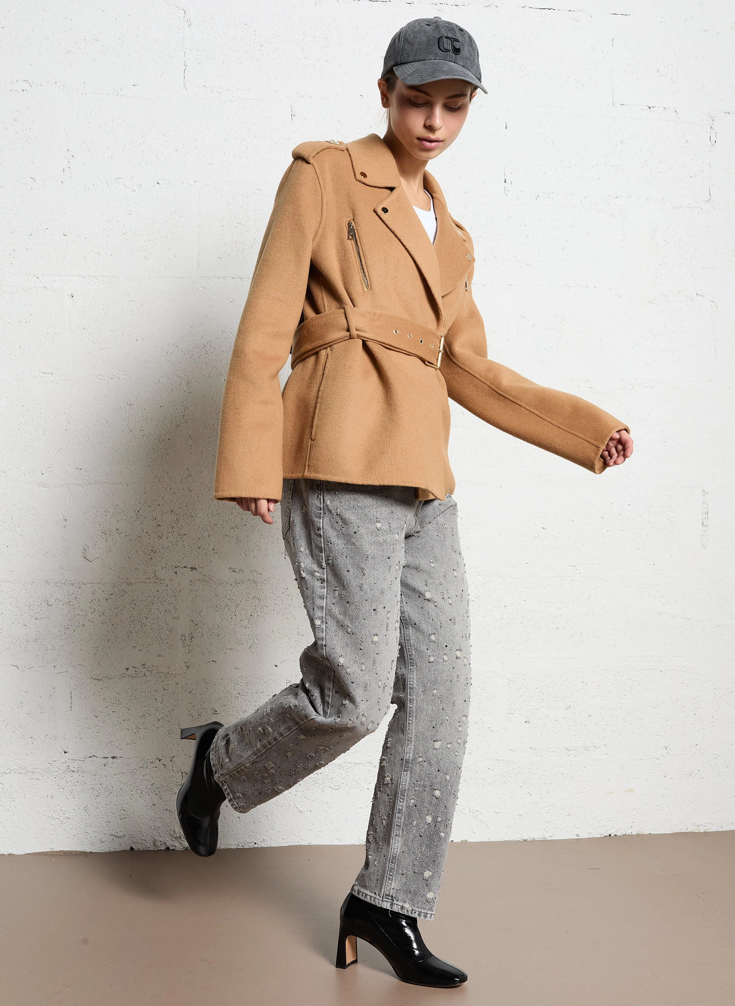 Jean droit taille haute en coton | Gris