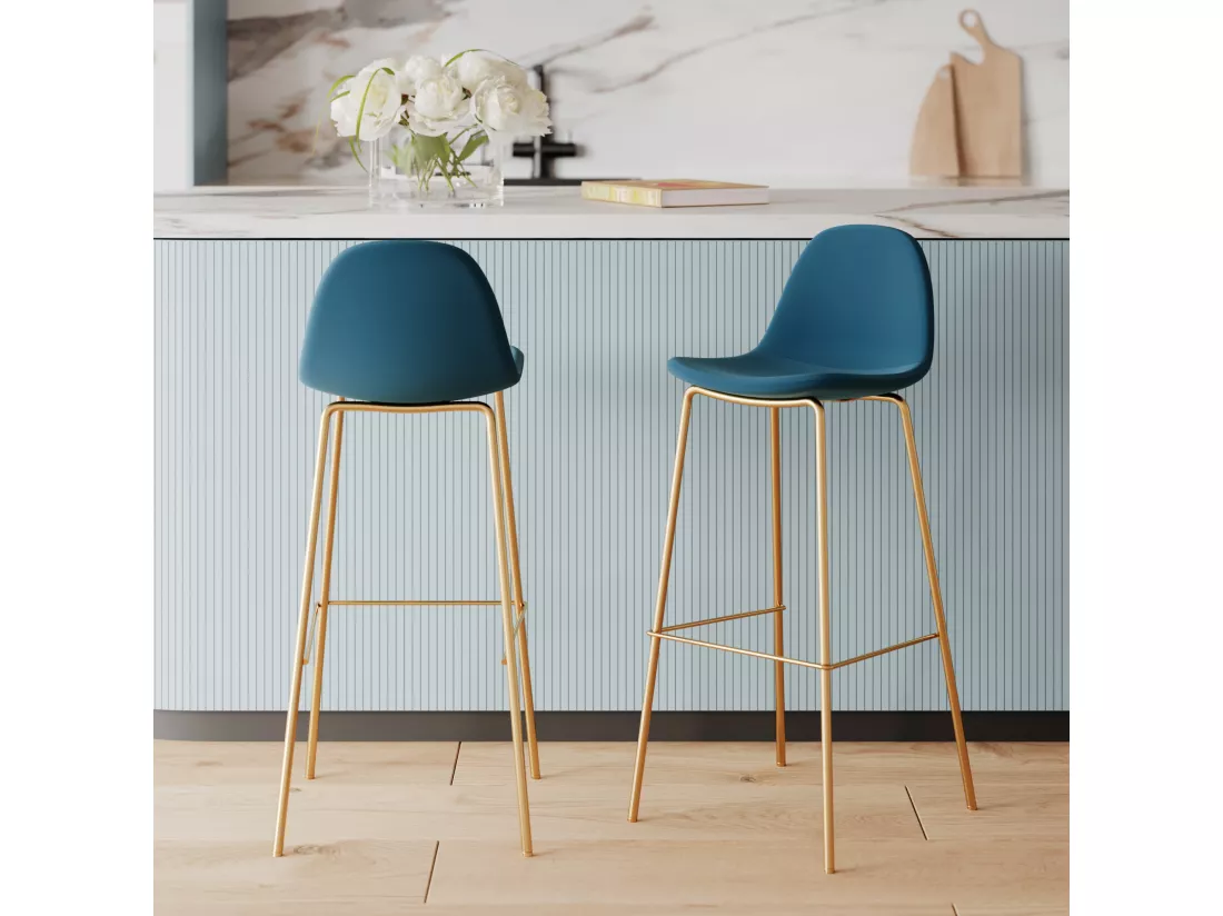 Lot de 2 chaises pour îlot central 65 cm en cuir synthétique bleu - Henrik