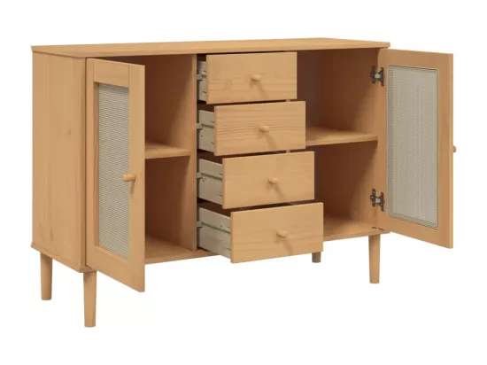 Buffet SENJA aspect rotin marron 112x40x80cm bois massif de pin