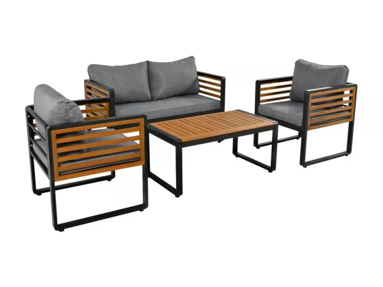 Salon de jardin en Fer 4 personnes - 1 canapé、2 fauteuils et 1 table basse - décoré de Bois d'Acacia - Gris