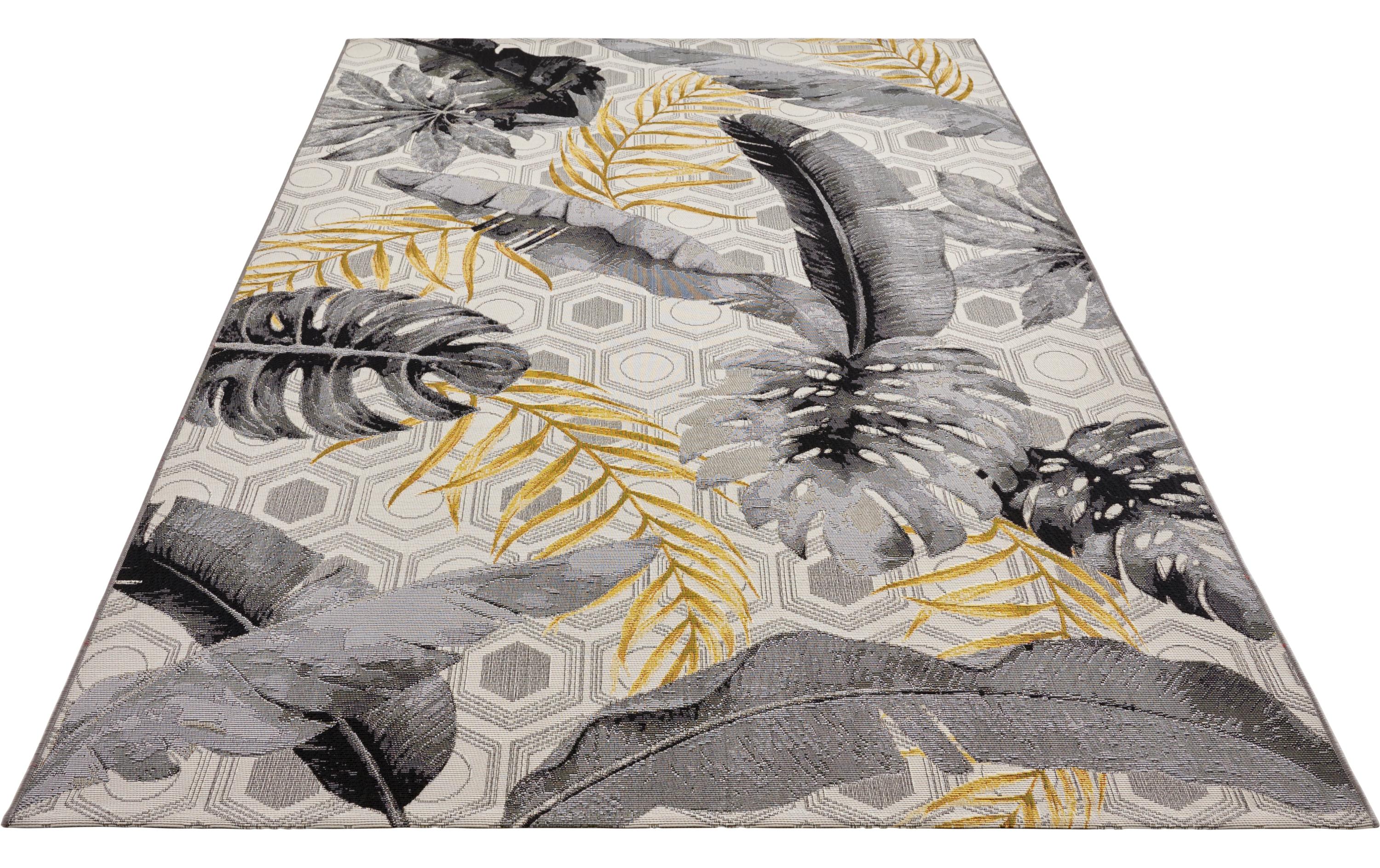 Teppich Gold Leaves 80 cm x 165 cm, MehrfarbigIn- & Outdoor Teppich, Flachegwebeteppich im Tropischen Palmen Design, Wetterfest & Wasserfester Aussenteppich für Terrasse, Balkon, Garten Wohnzimmer