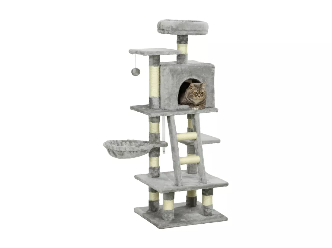 Arbre à chat multi-équipements griffoirs grattoirs niche plateformes + échelle + hamac + boule suspendue gris
