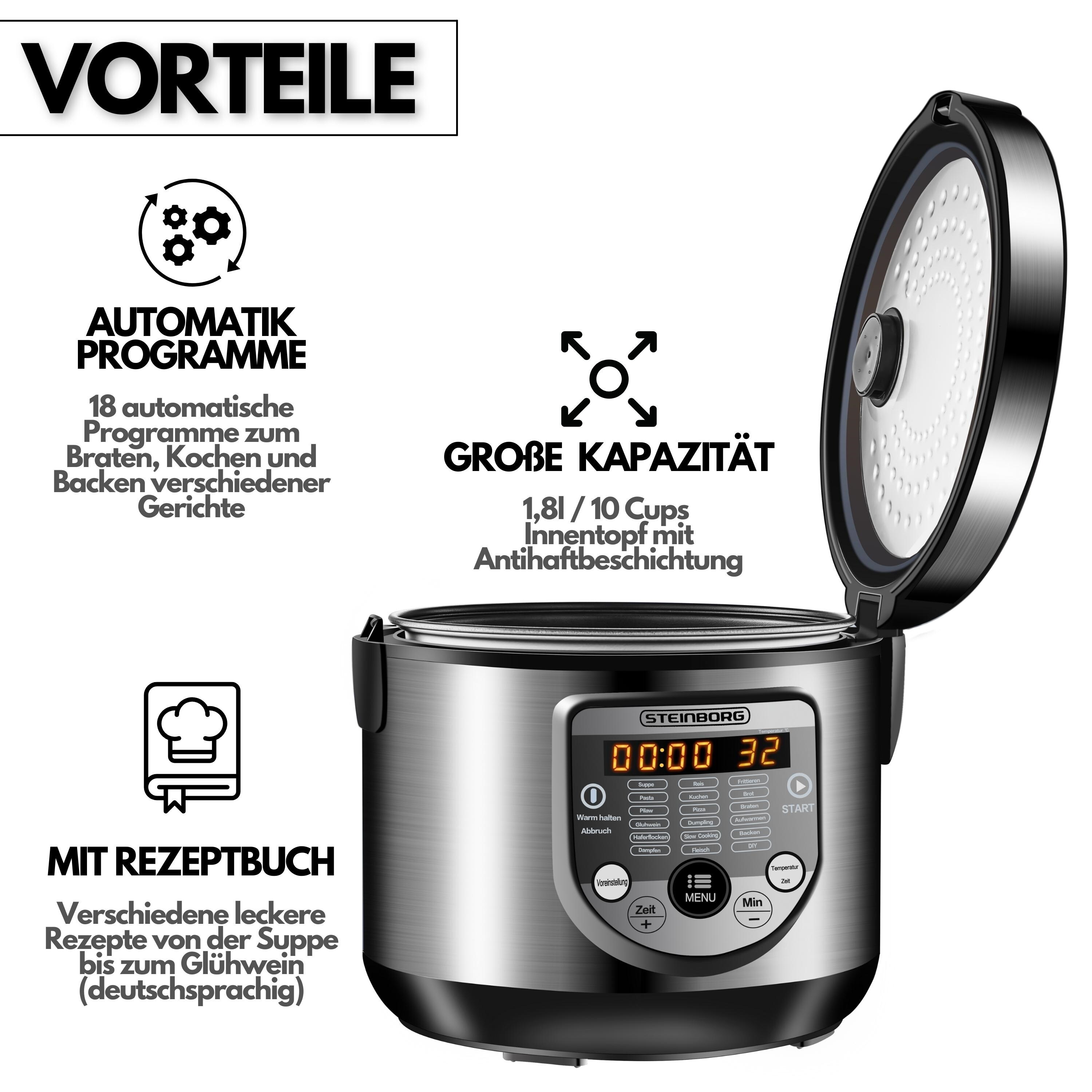 Steinborg digitaler Multikocher 5L Edelstahl 900W inkl. Rezeptbuch