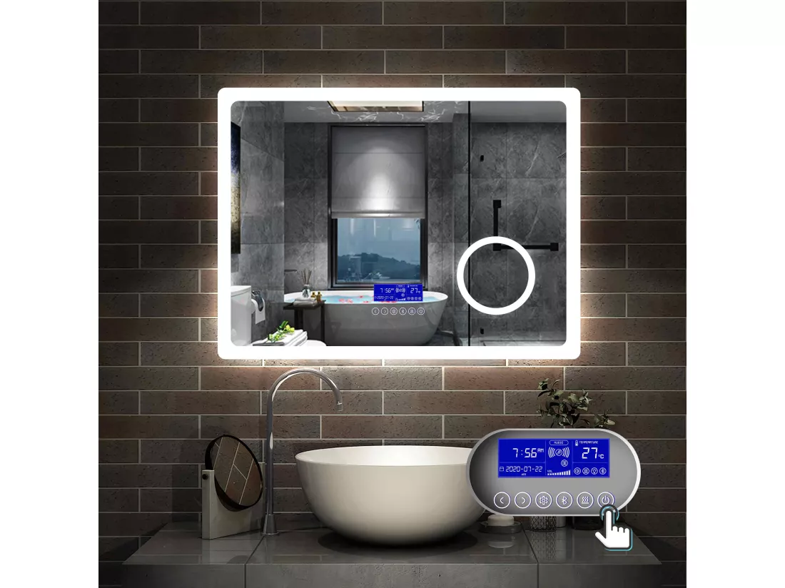 Miroir salle de bain 100x60cm LED réglable+antibuée+Bluetooth+Horloge+grossissant Aica