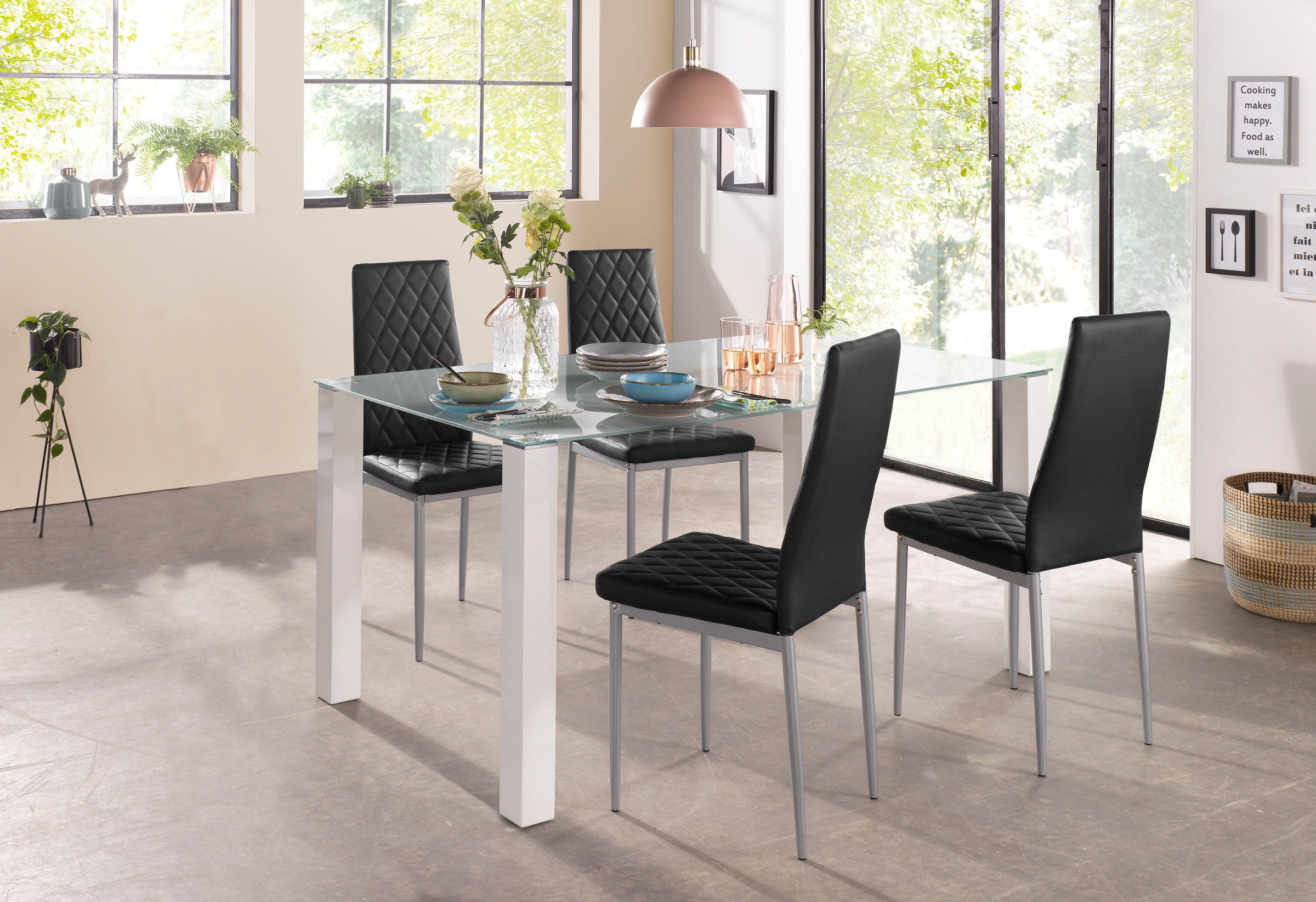 INOSIGN Essgruppe Set, 5 Stk. tlg. 160 cm breiter Glastisch, verschiedene Farbvarianten der Stuhlbezüge