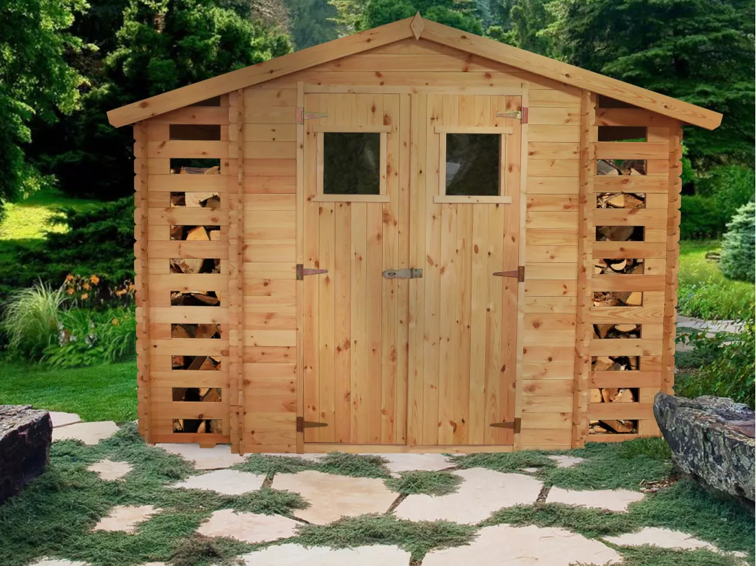 Abri de jardin en bois et range bûches extérieur AVEC SOL TRAITÉ - 3,53 + 0,97+0,97 m2 - TIMBELA M391+M391G