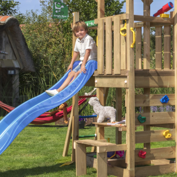 Speeltoestel Jungle Gym Teepee met blauwe glijbaan en klimrek van grenenhout