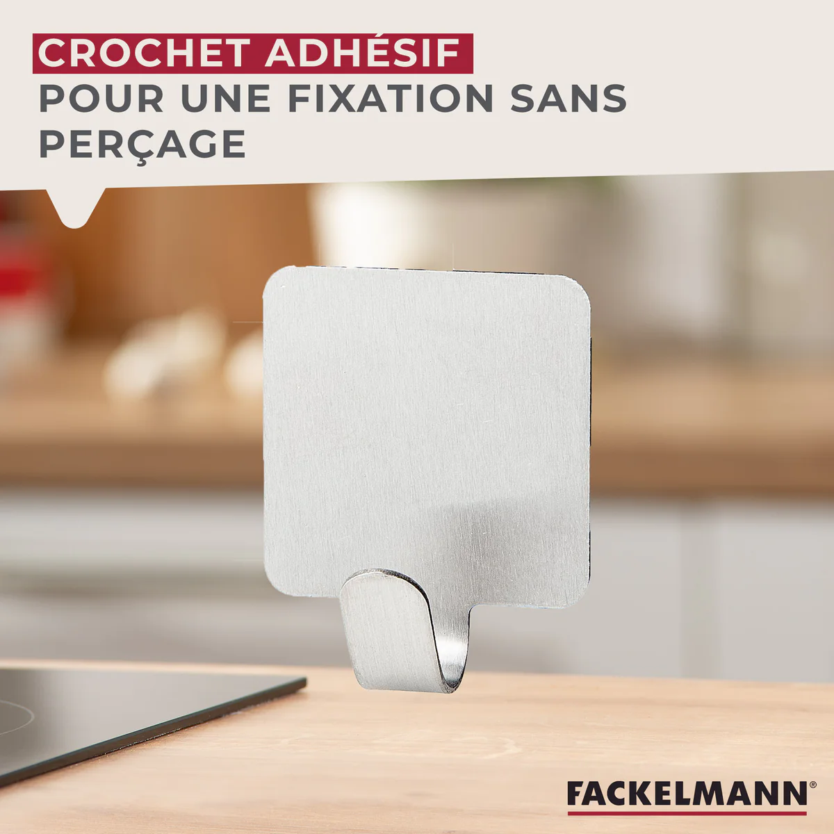 Lot de 3 crochets adhésifs carrés en acier inoxydable Tecno Fackelmann