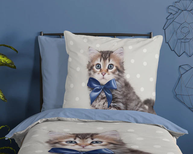 good morning Kinderbettwäsche »Mae« 2 Stk. tlg. 100% Baumwolle, 135x200, Reissverschluss, Wende, Kind, Katze, Blau Grau