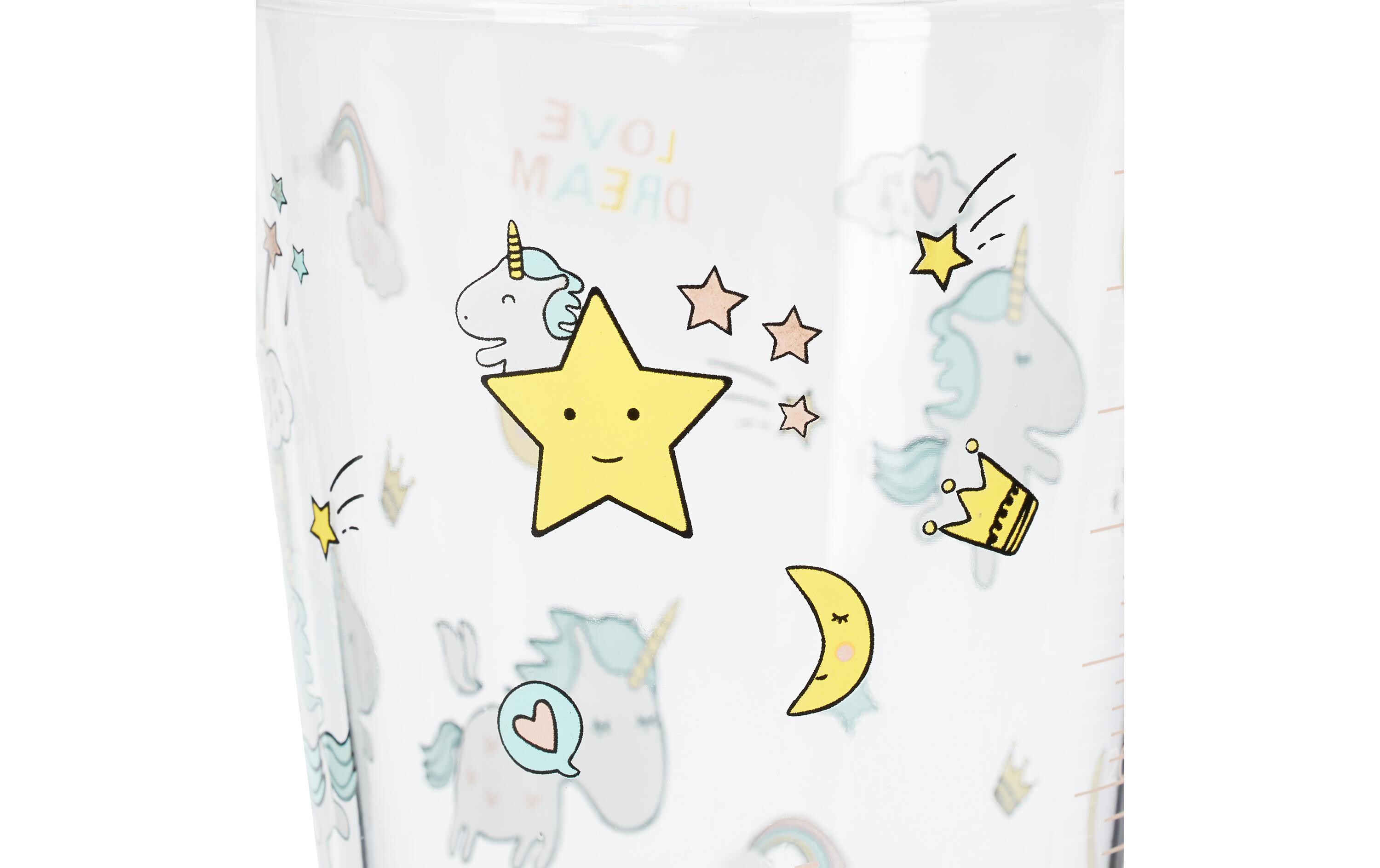 Kindertrinkglas Einhorn 4 Stück, 450 mlGlas mit Deckel und Strohhalm