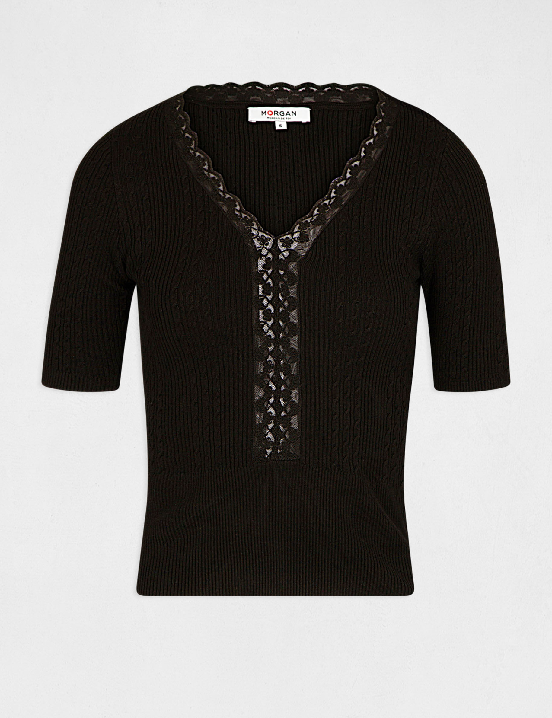 Pull manches courtes avec col en V noir femme - noir