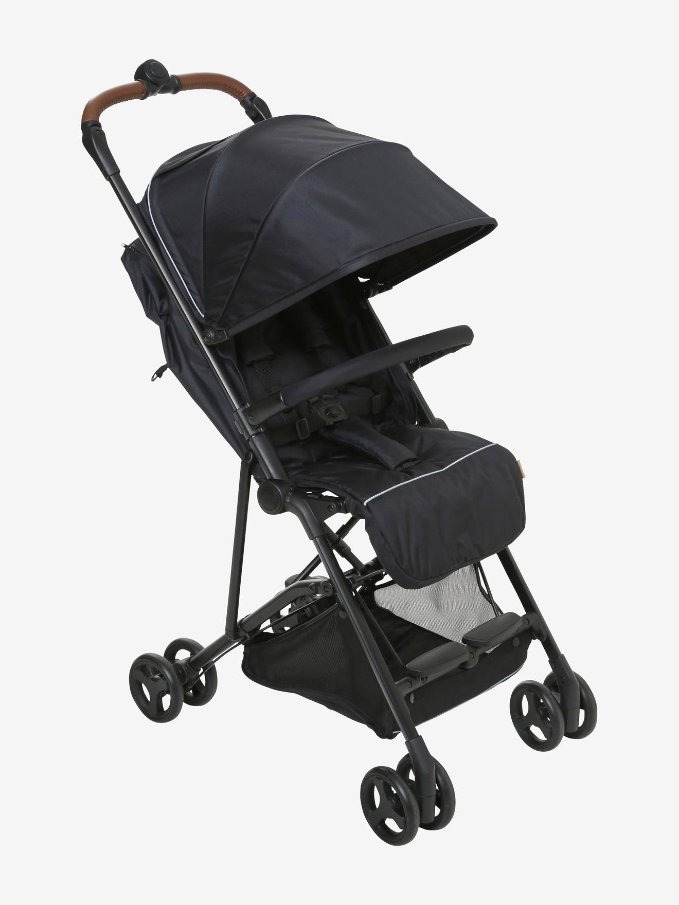 Carrinho de bebê guarda-chuva Vertbaudet Easycity com múltiplas posições, preto liso com estampas.