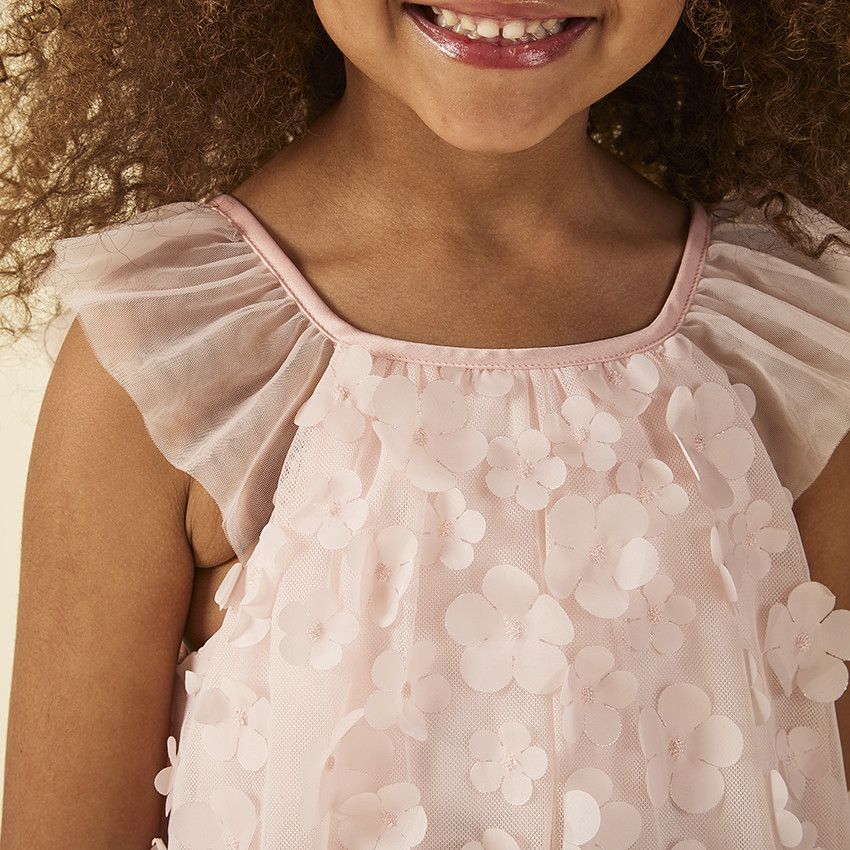 Robe de cérémonie en tulle avec fleurs 3D pour fille - Rose