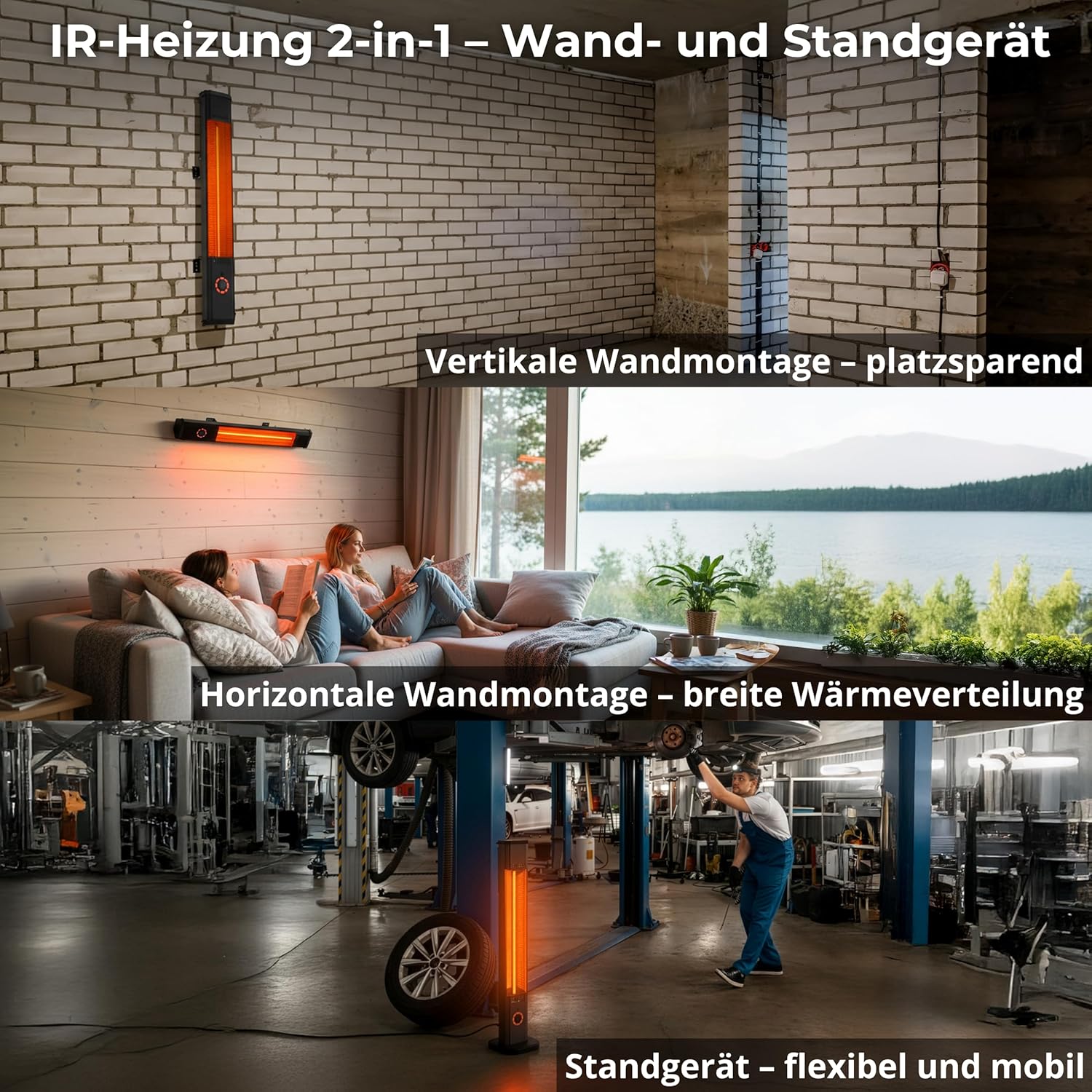 Infrarot Heizstrahler Infrarotheizung 2000W TOR – Elektroheizung mit 8 Stufen, IP45 Terrassenheizer, Heizstrahler Terrasse & Innenraum, Wandmontage, Standgerät, Fernbedienung, Timer, Schwarz