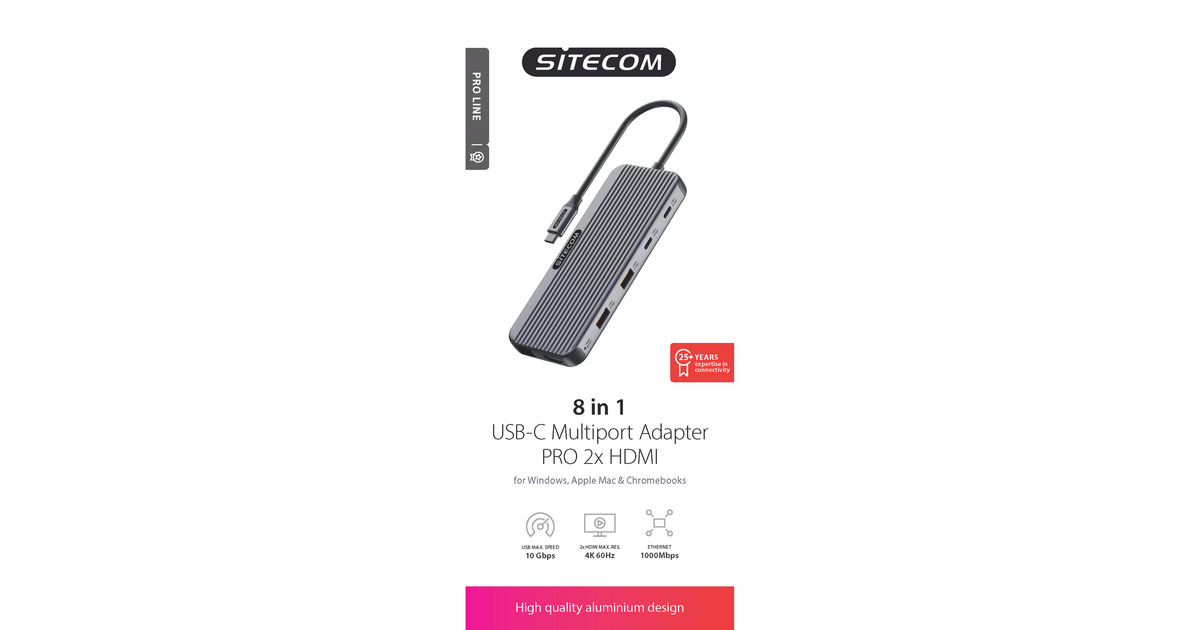 Sitecom8 in 1 USB-C Power Delivery Multiport Adapter Pro 2x HDMI dockingstation  (Zwart)