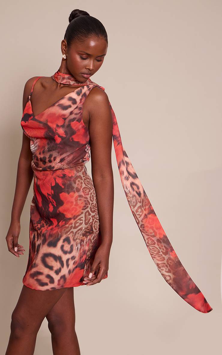 Léopard Robe Mini En Mousseline À Imprimé Fleuri Avec Foulard
