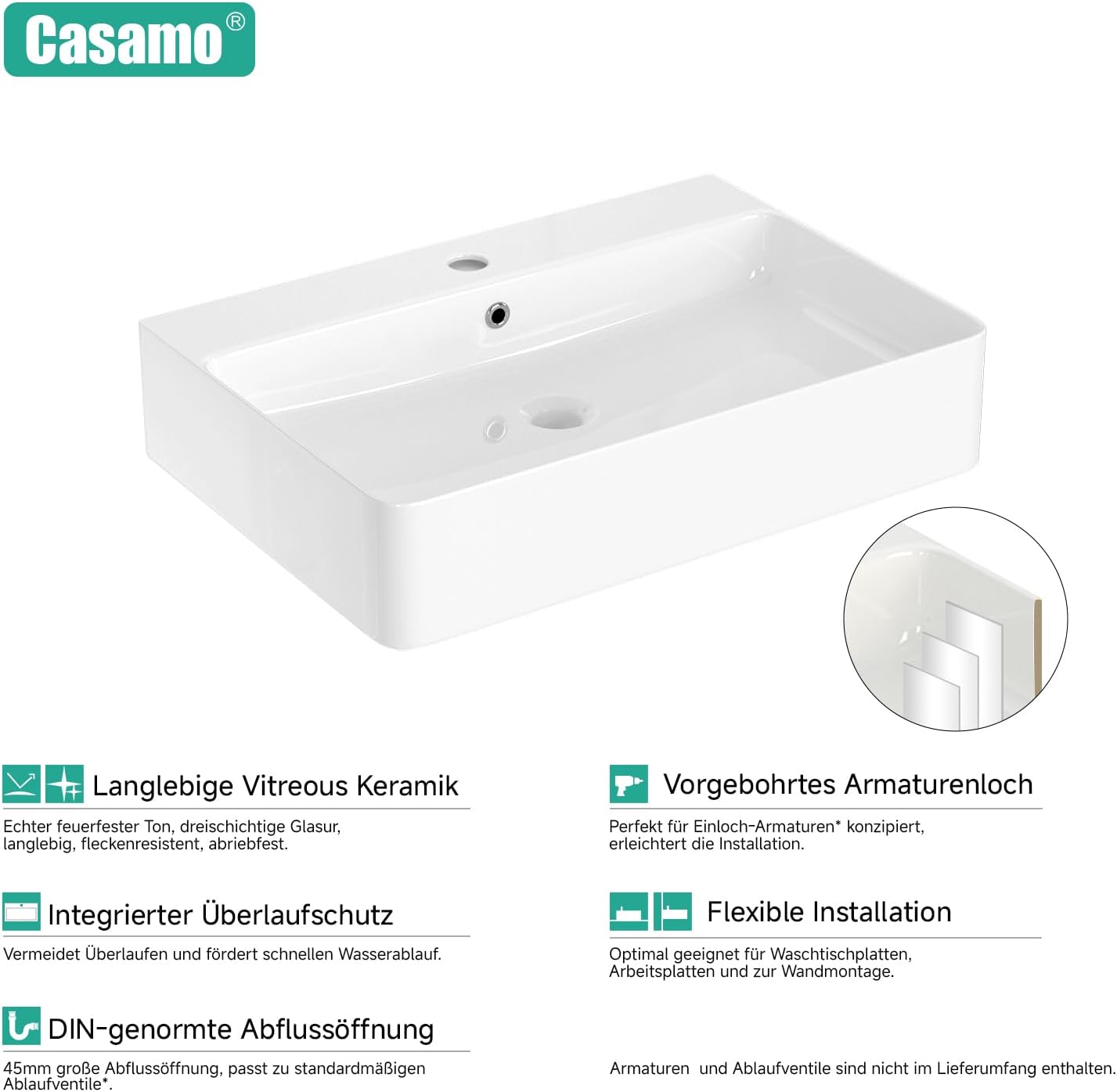 Waschbecken 60 cm breit, Hängewaschbecken im Bogen-Design, Hochglanz Weiß, Kratzfest, leicht zu reinigen - flexibel installierbarer Waschtisch für Bad & Gäste-WC (60 x 42 x 13 cm)