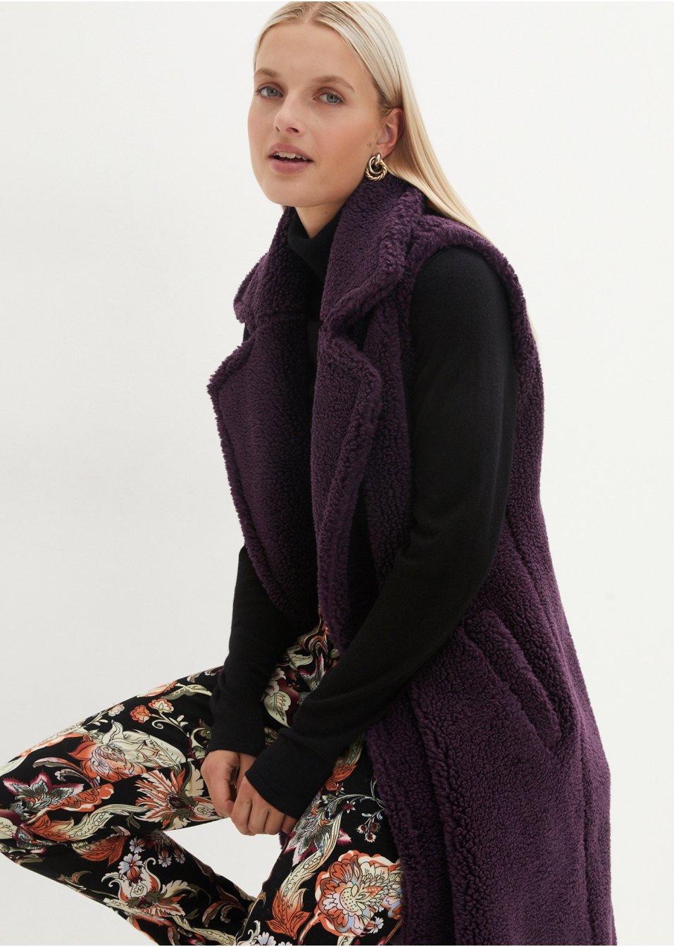 Gilet long sans manches avec maille peluche