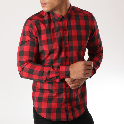 Chemise Manches Longues Slim Fit 159 Carreaux Noir Rouge