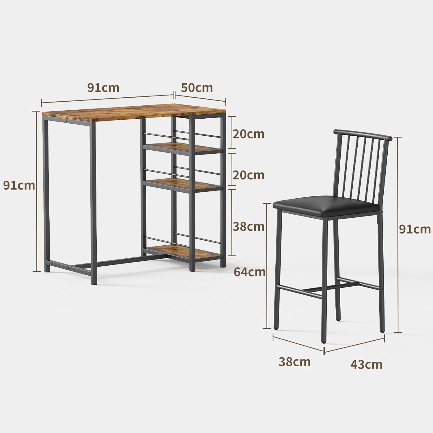 Xbro Bartisch Set 3-teilig, Küchentisch mit Stühlen für Küche, Esszimmer, Bistro, etc. Esstisch und 2 Stühle mit Rückenlehne und Polsterung(Braun)