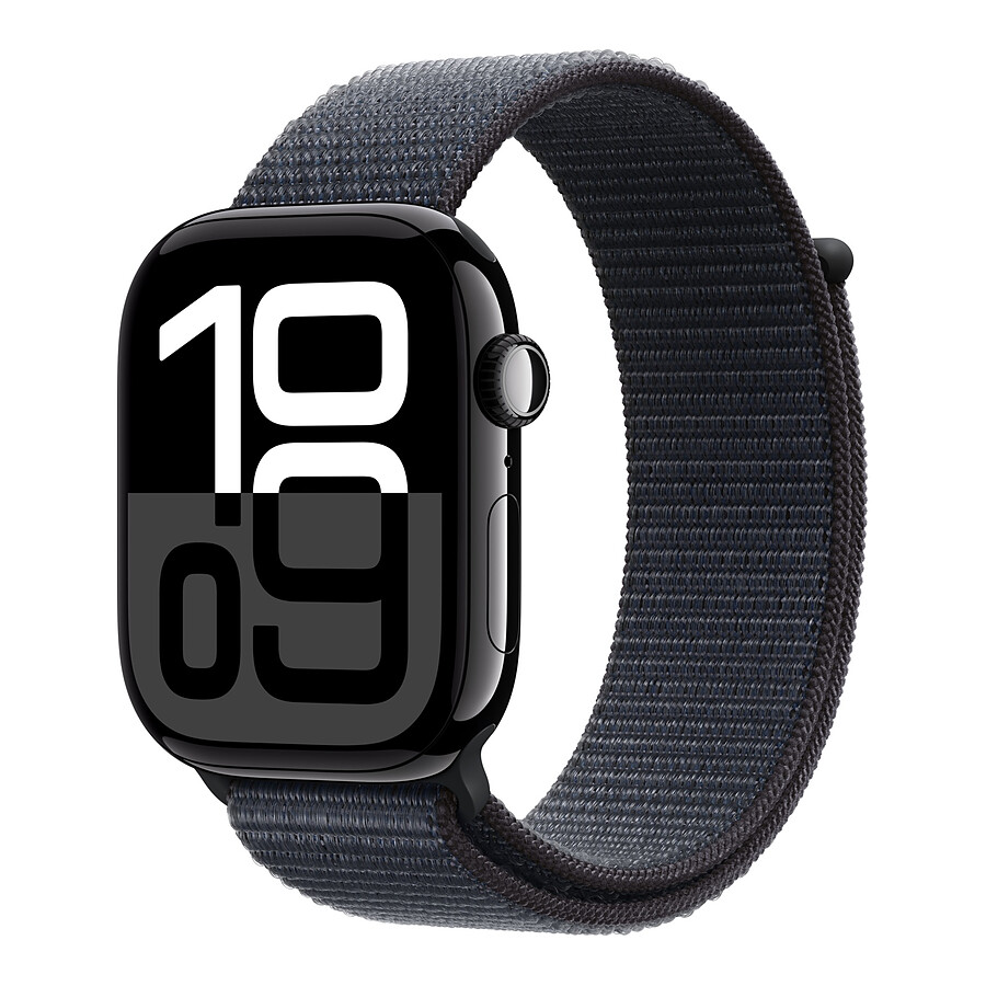 Apple Watch Series 10 GPS + Cellular - Aluminium Noir - Bracelet Sport Textile Encre Violette - 42 mm