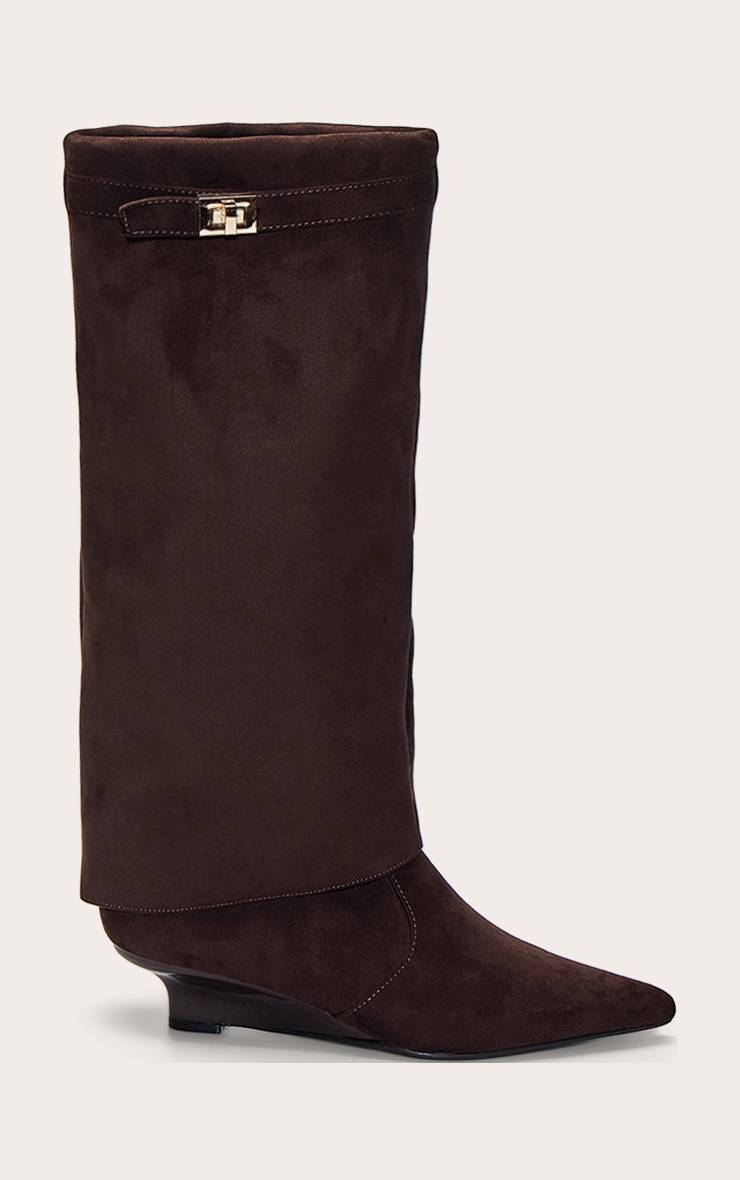 Chocolat Bottes Hautes À Talon Compensé Chaton En Synthétique Avec Revers Pliable