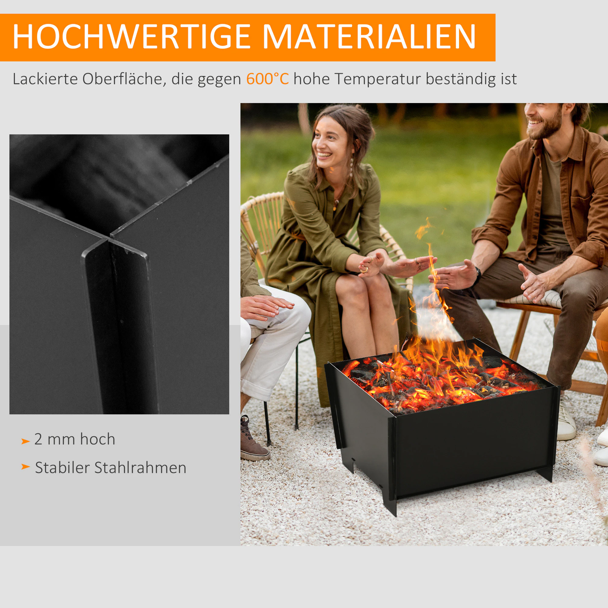 Outsunny Feuerschale mit Standfüßen schwarz 50L x 50B x 30H cm