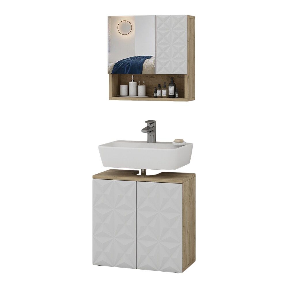 Vicco Badmöbel-Set Badezimmer-Möbel Bad-Schrank Edge Eiche Weiß modern Badezimmerschrank Waschbeckenunterschrank Spiegelschrank Badezimmerkommode