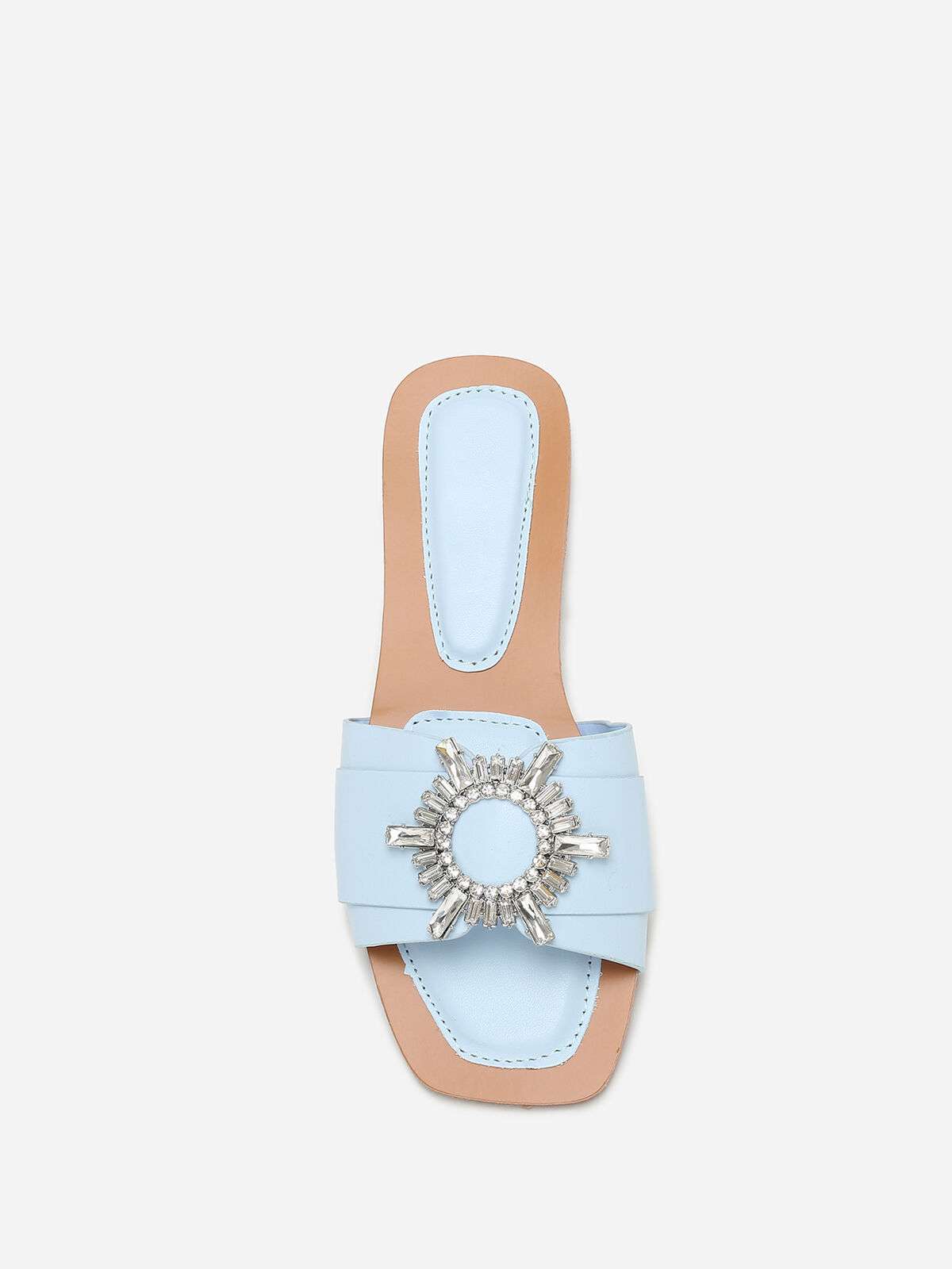 Mules carrées à bride avec bijou en strass- Bleu