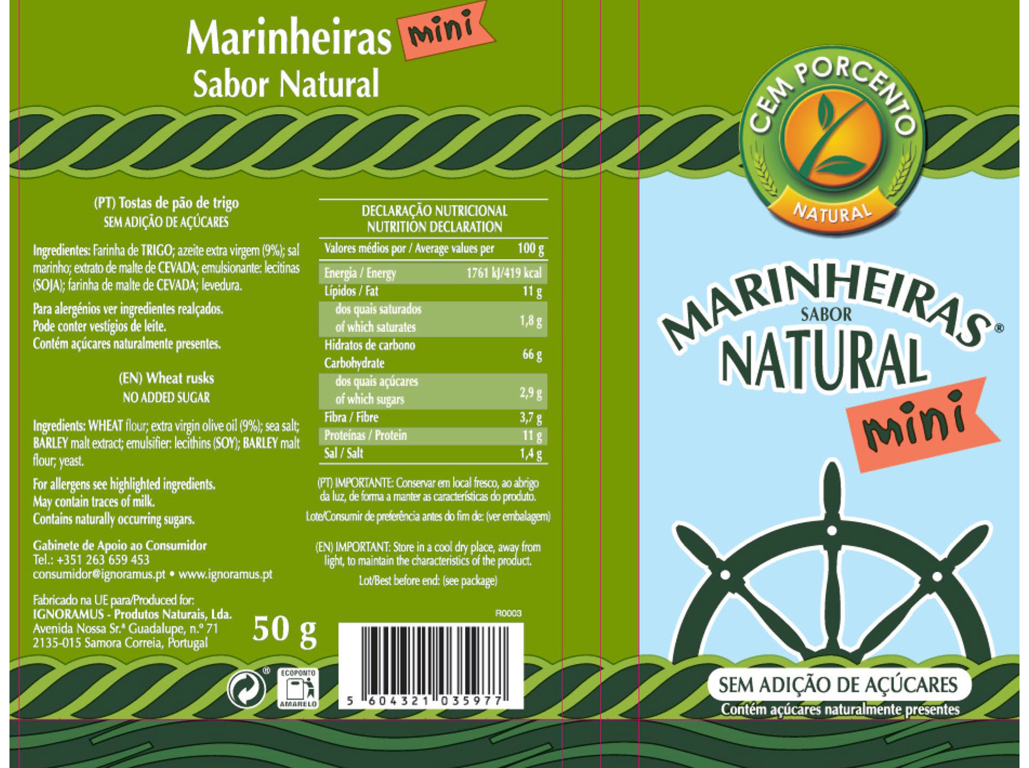 BOLACHAS CEM PORCENTO MINI MARINHEIRAS NATURAL 50G