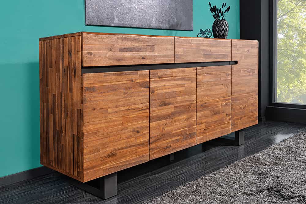 Massives Sideboard GENESIS 170cm braun geflammt Akazienholz Metall Industrial Design