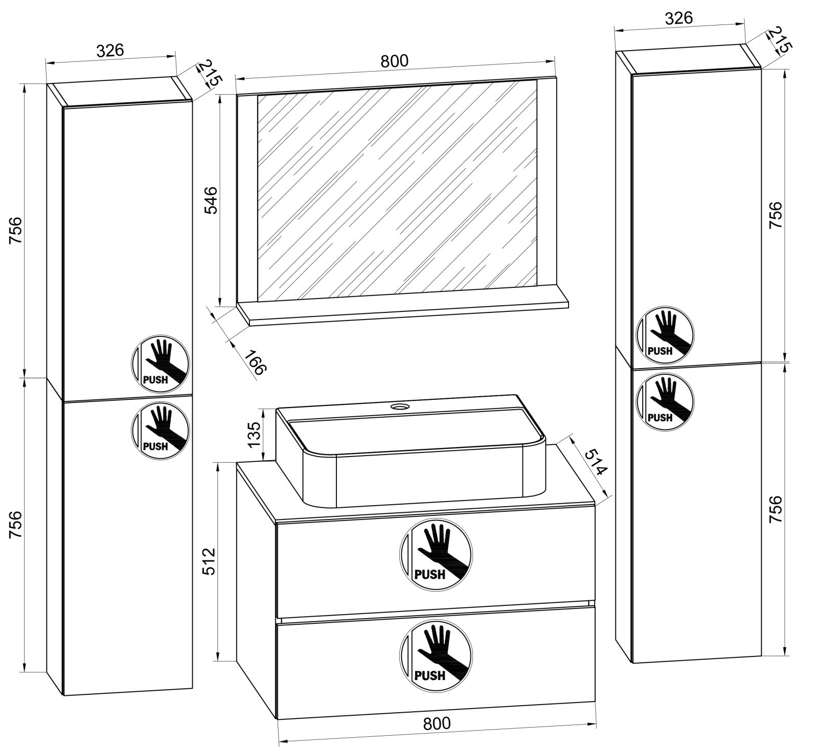 5-teiliges Badmöbel-Set LENDAS BL XL - Honig Eiche - anthrazit - 60 cm